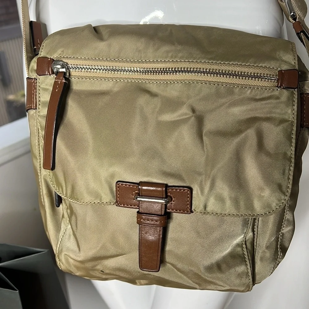 Tumi Voyager Khaki Nylon Brown Leather Trim Crossbody Bag